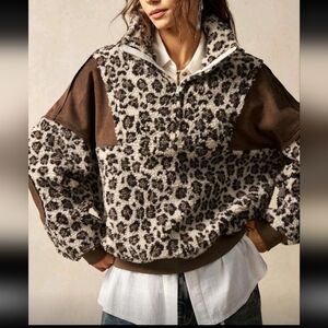 SHEIN Brown and Cream Animal Print Teddy Jacket